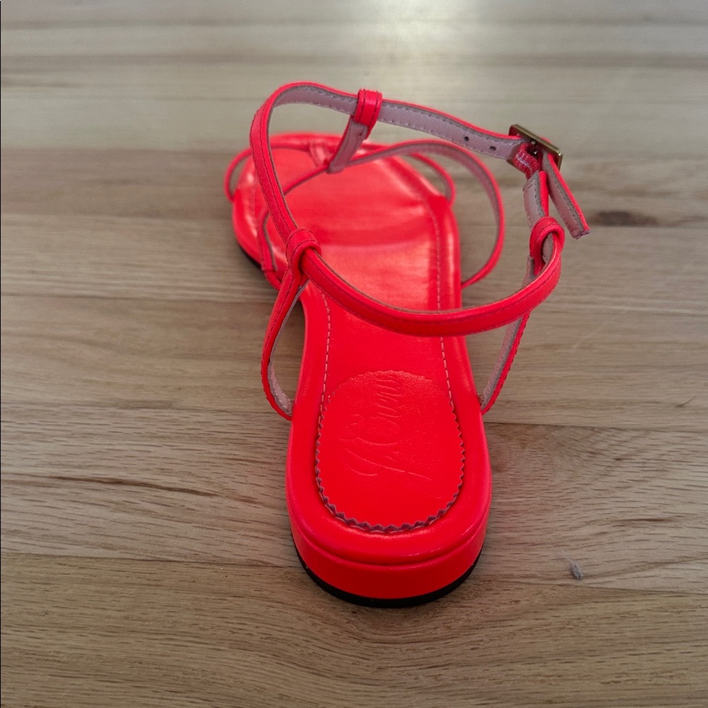 J. Crew Womens Abbie Flat T-Strap Leather Sandals Neon Poppy Size 7 NWOB Preppy - Picture 4 of 10
